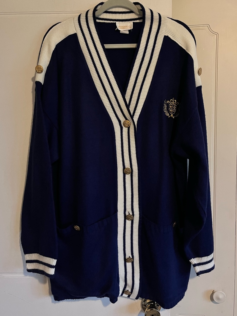 Roamans Vintage Navy & White Striped Nautical Cardigan Sweater 1X Anchor Buttons